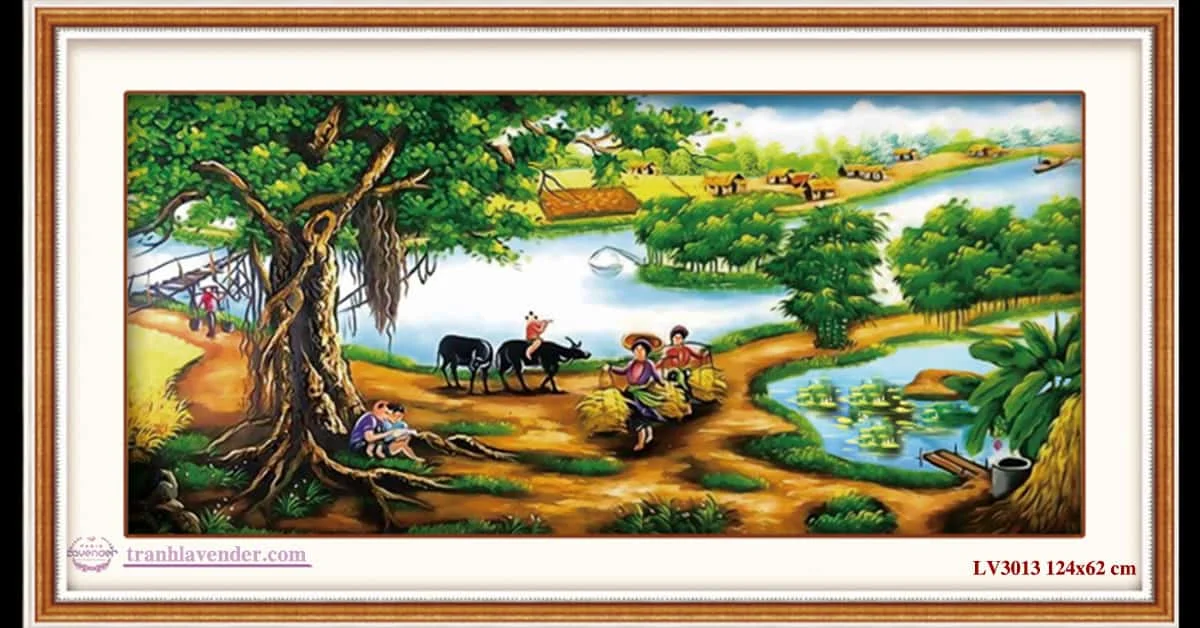 Tranh thêu chữ thập phong cảnh làng quê Việt Nam yên bình với hình ảnh cây đa bến nước