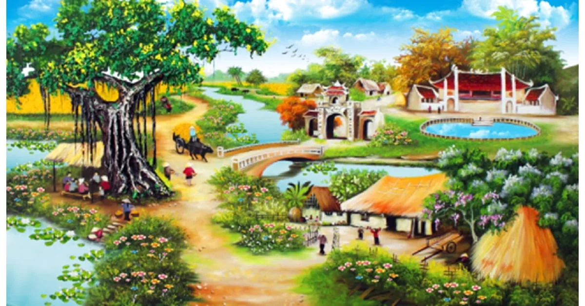 Tranh thêu chữ thập phong cảnh làng quê Việt Nam cây đa giếng nước