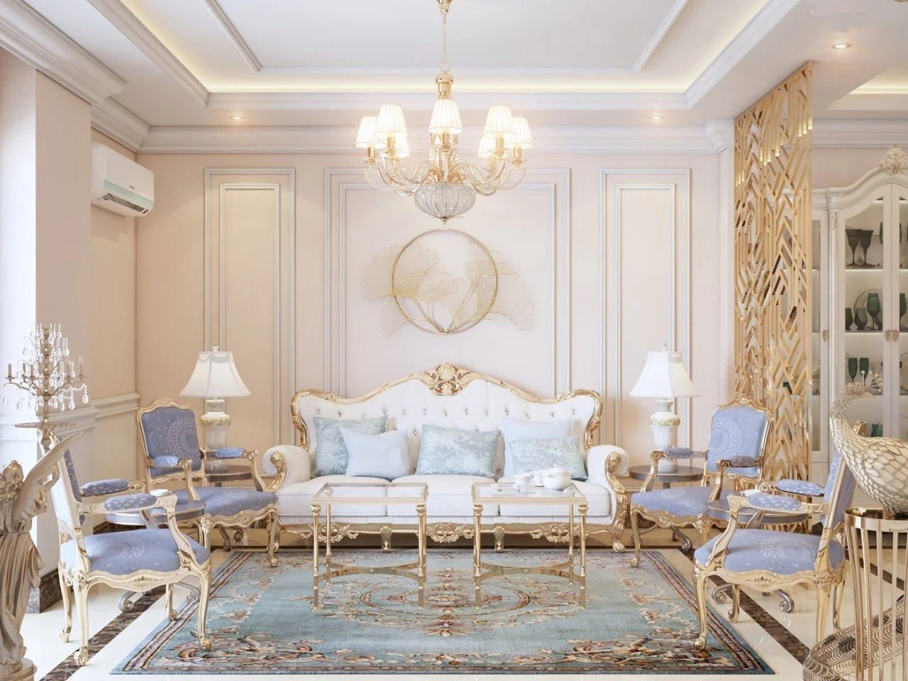 Phòng khách tân cổ điển tông trắng xanh với sofa trắng và ghế xanh pastel