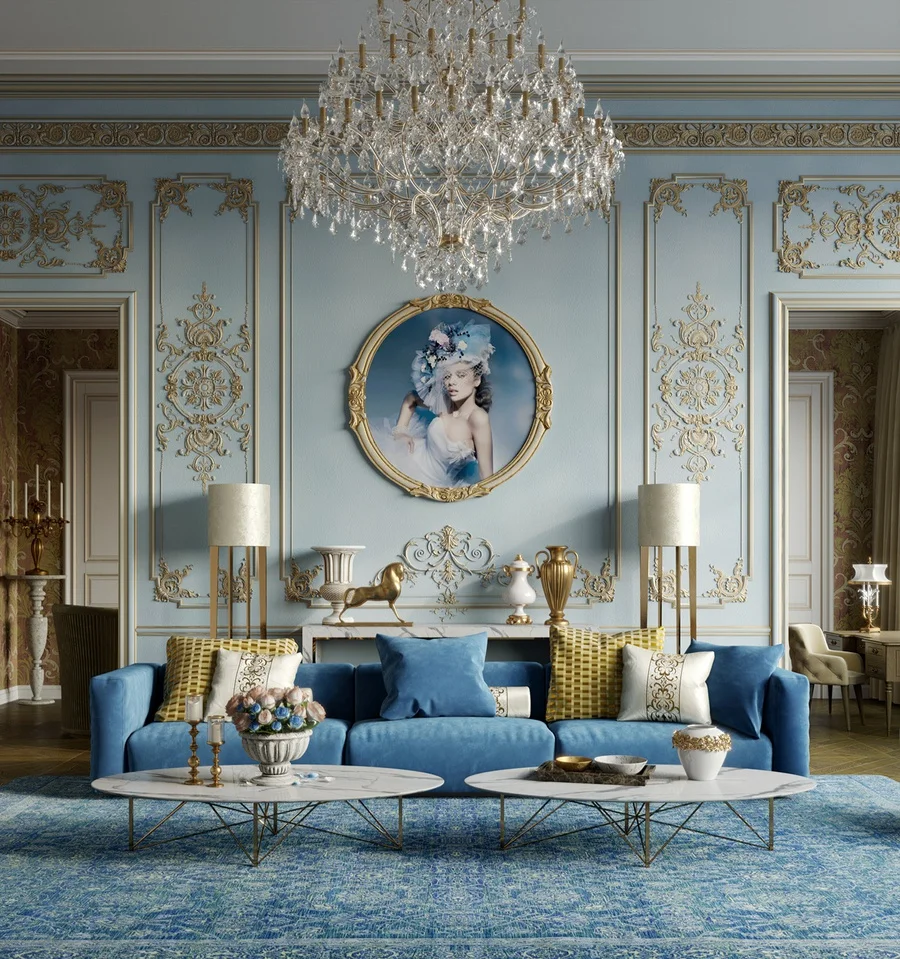 Phòng khách tân cổ điển xanh pastel với sofa nhung xanh, đèn chùm pha lê và tranh tròn