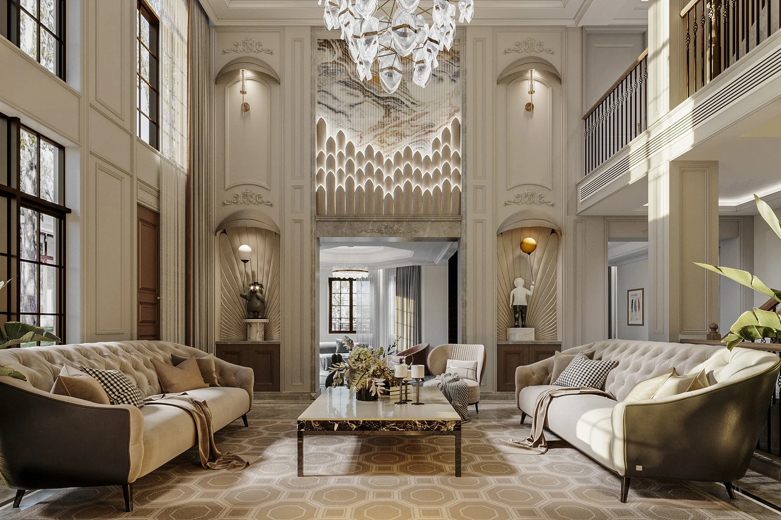 Phòng khách tân cổ điển thông tầng với trần cao, đèn chùm pha lê và sofa kem