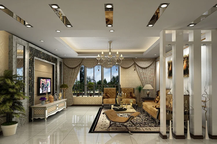 Phòng khách tân cổ điển hiện đại với vách ngăn cột, sofa nâu và cửa kính lớn
