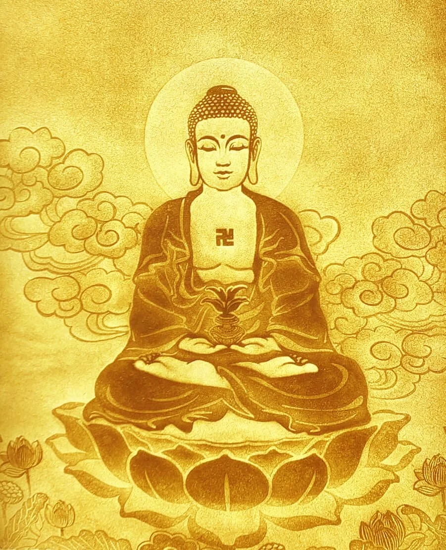 Tranh trúc chỉ Phật tọa thiền trên đài sen