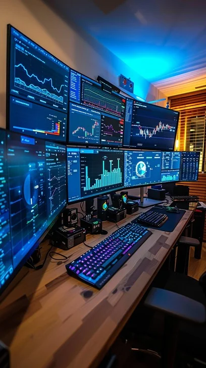 Ảnh nền máy tính 4K góc làm việc nhiều màn hình hiển thị biểu đồ giao dịch xanh neon