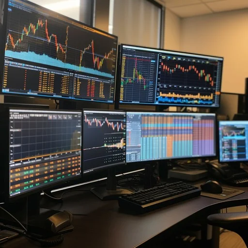 Ảnh nền máy tính 4K bàn trading nhiều màn hình hiển thị biểu đồ và dữ liệu chứng khoán