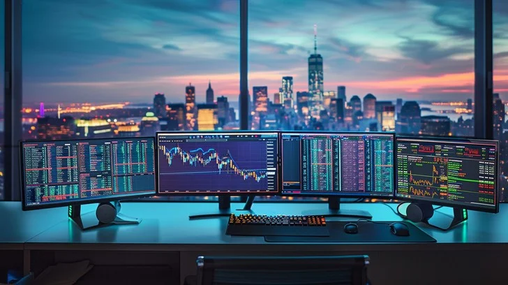 Ảnh nền máy tính 4K góc làm việc giao dịch với nhiều màn hình và skyline thành phố