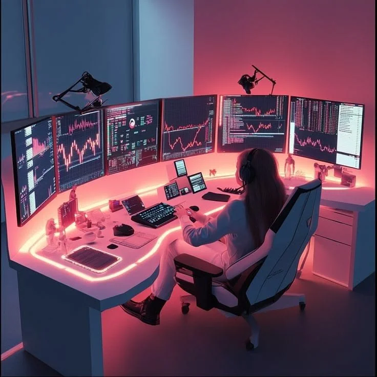 Ảnh nền máy tính 4K nhà giao dịch trong phòng neon hồng với nhiều màn hình