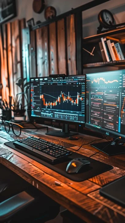 Ảnh nền máy tính 4K góc máy tính với màn hình biểu đồ tài chính trong phòng gỗ