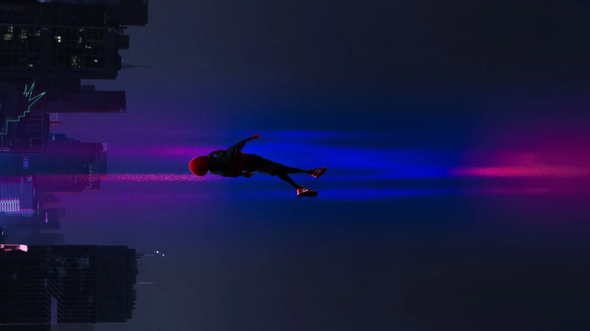 Ảnh nền máy tính 4K bóng người lơ lửng giữa không gian cyberpunk xanh tím