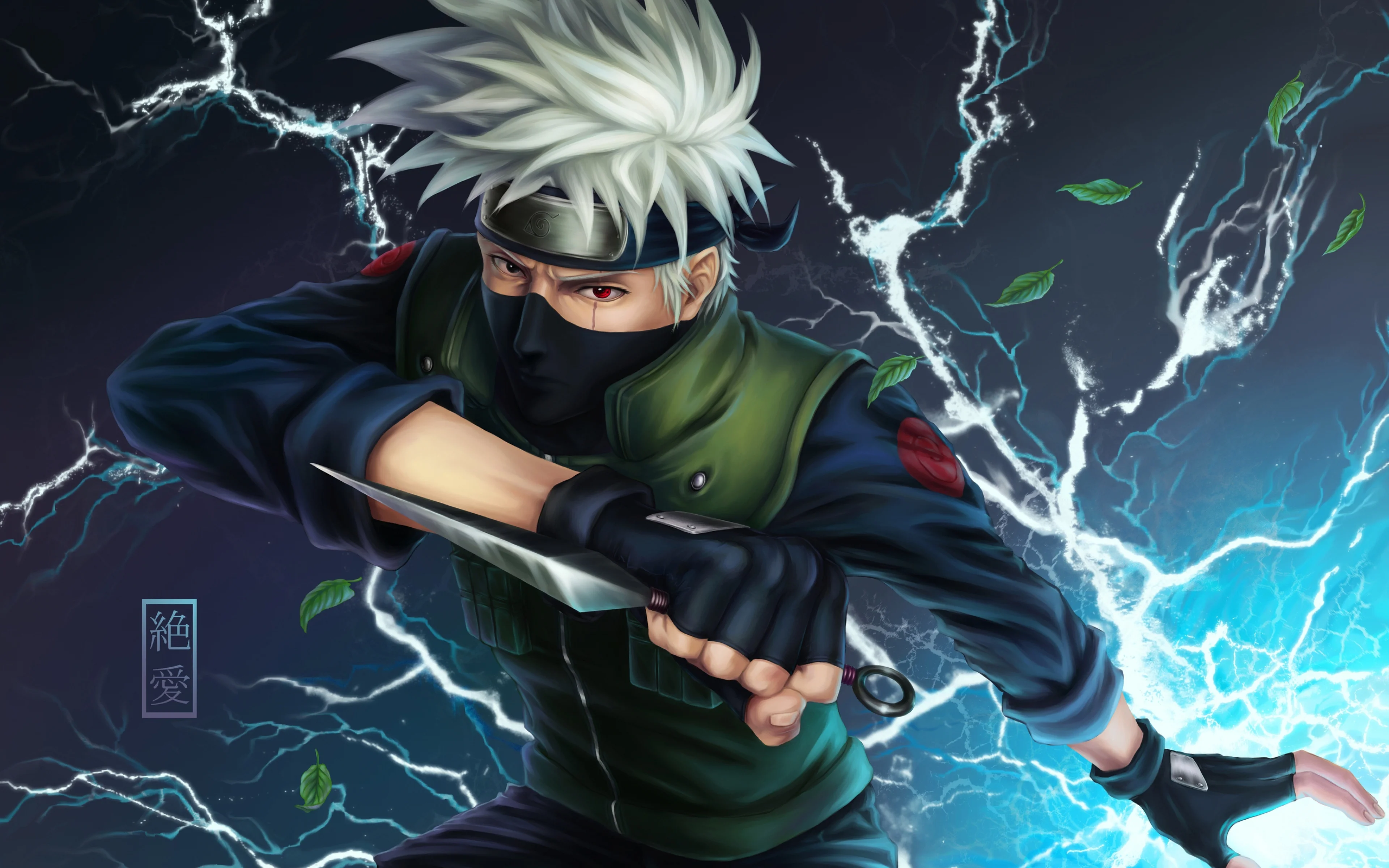 Ảnh nền máy tính 4K Kakashi Hatake cầm kunai giữa khung cảnh sấm chớp xanh điện