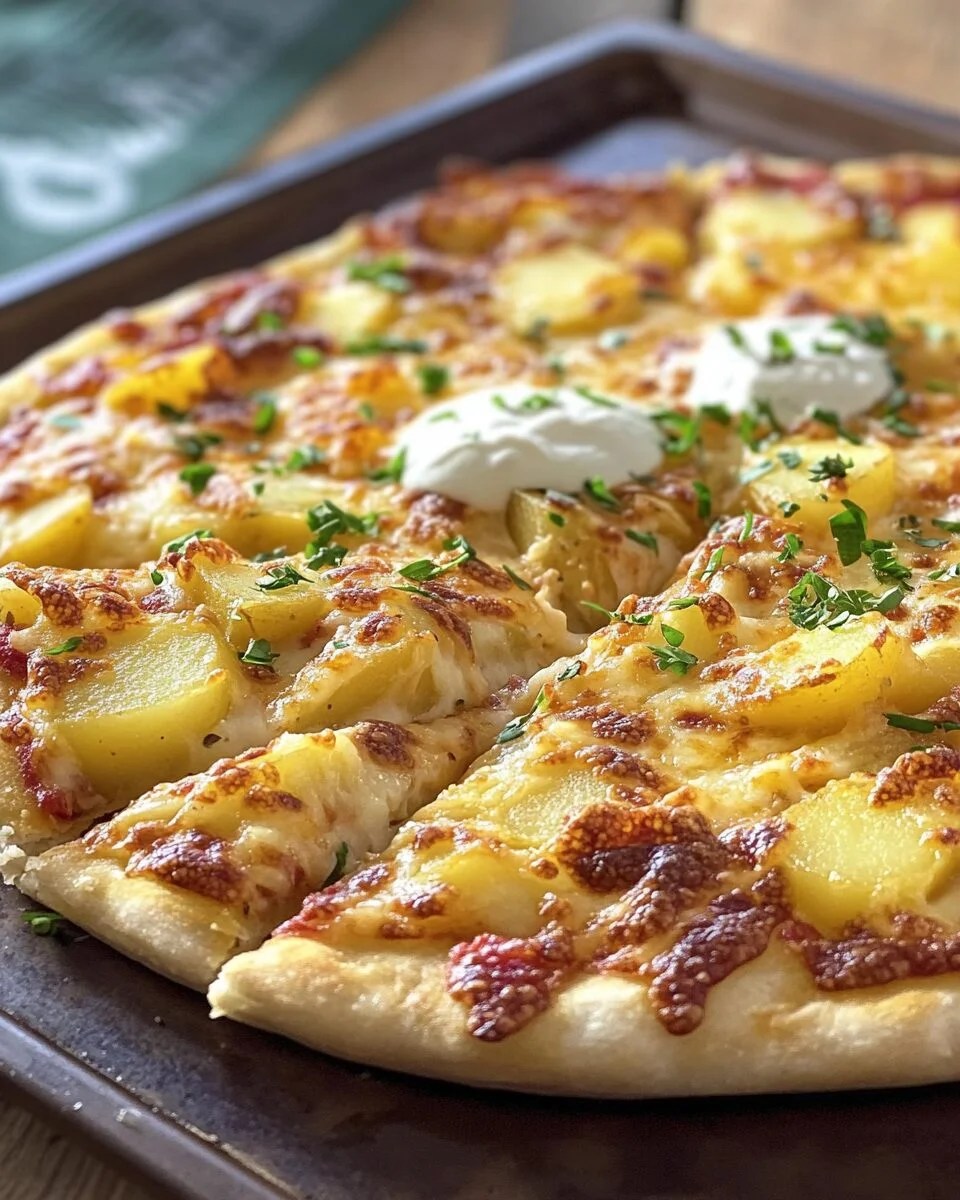 Pizza phô mai vàng ruộm với khoai tây và rau mùi