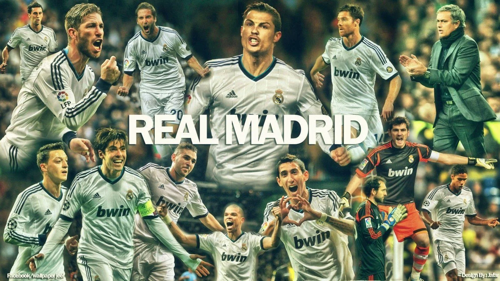 Tổng hợp ảnh Real Madrid với các ngôi sao nổi tiếng và huấn luyện viên trong trang phục thi đấu.