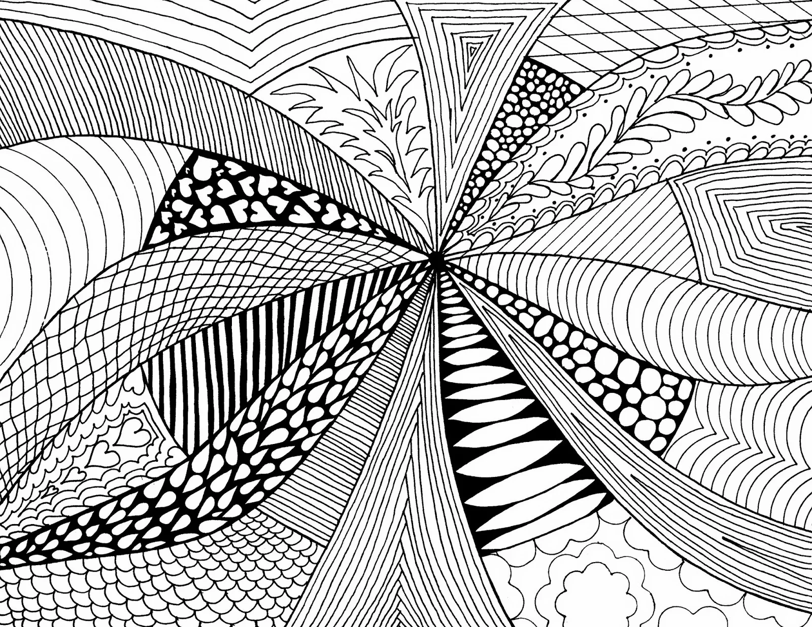 Tranh zentangle đen trắng nhiều họa tiết tỏa ra từ trung tâm