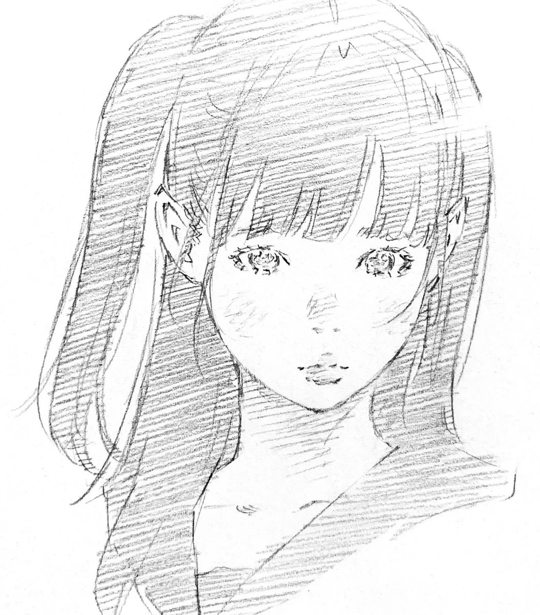 Avatar ảnh mèo cute phong cách anime với cô gái có tai mèo được vẽ bằng chì trên nền trắng