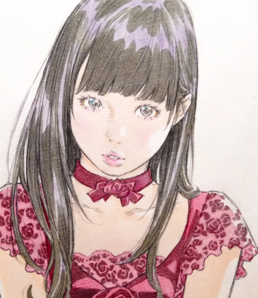 Tranh chân dung cô gái anime tóc dài mặc váy ren hồng