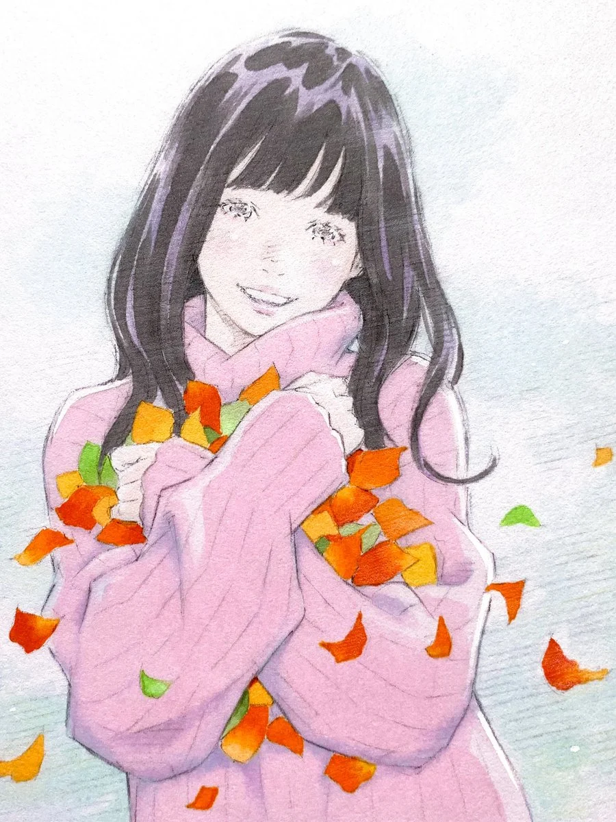 Tranh cô gái anime tóc đen ôm bó hoa nhiều màu