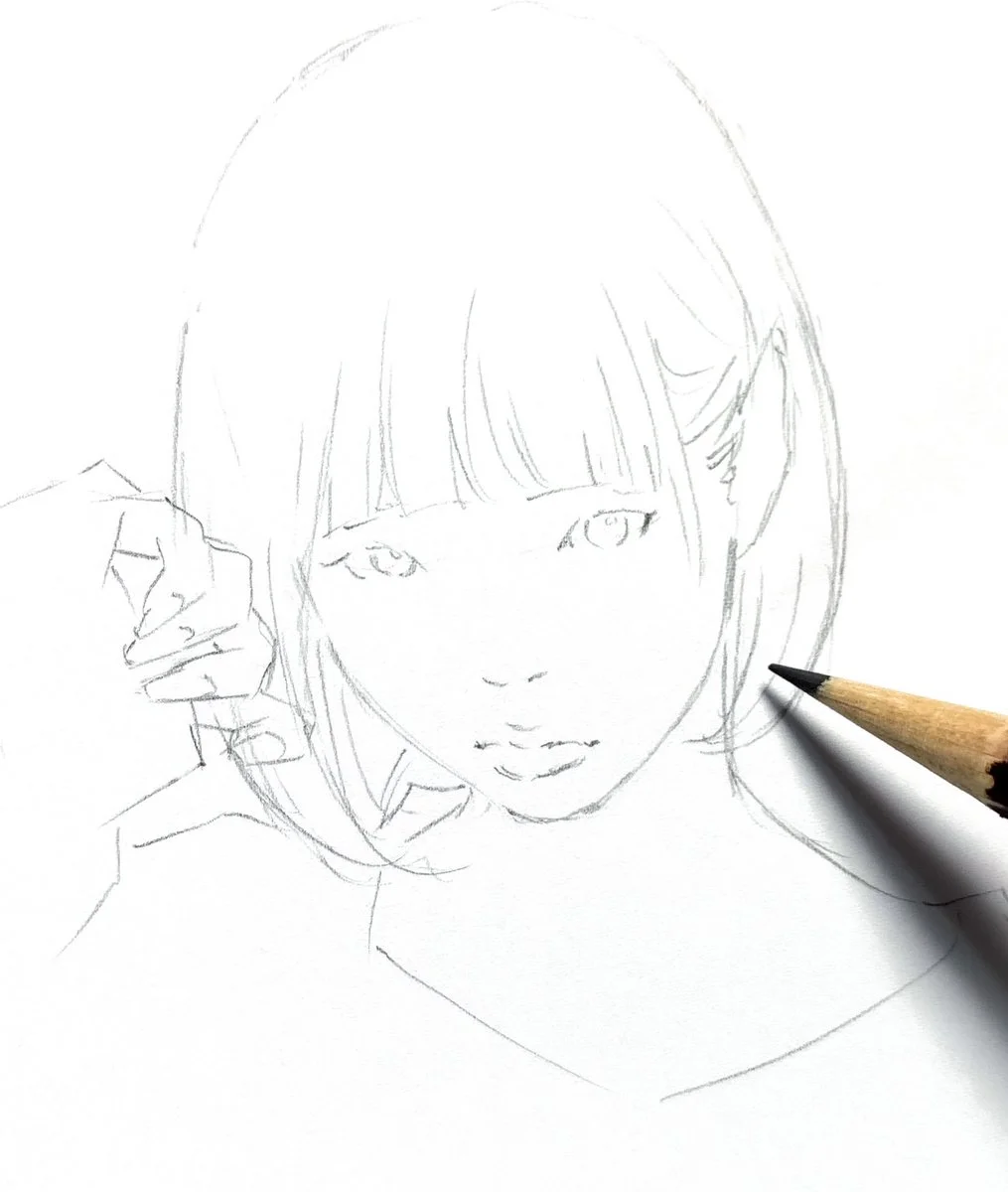 Phác thảo chì chưa hoàn thiện chân dung cô gái anime tóc ngắn