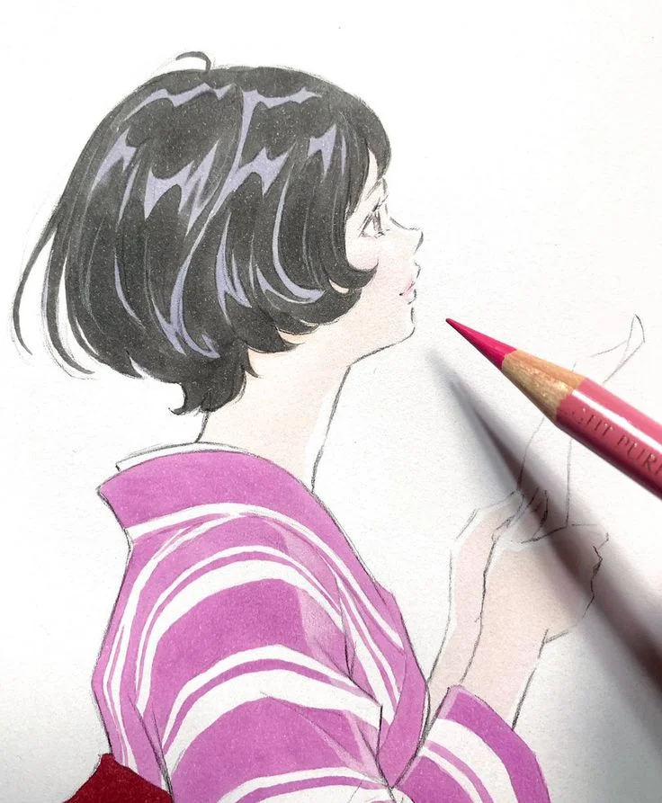 Tranh cô gái anime tóc đen ngắn được vẽ bằng bút chì màu