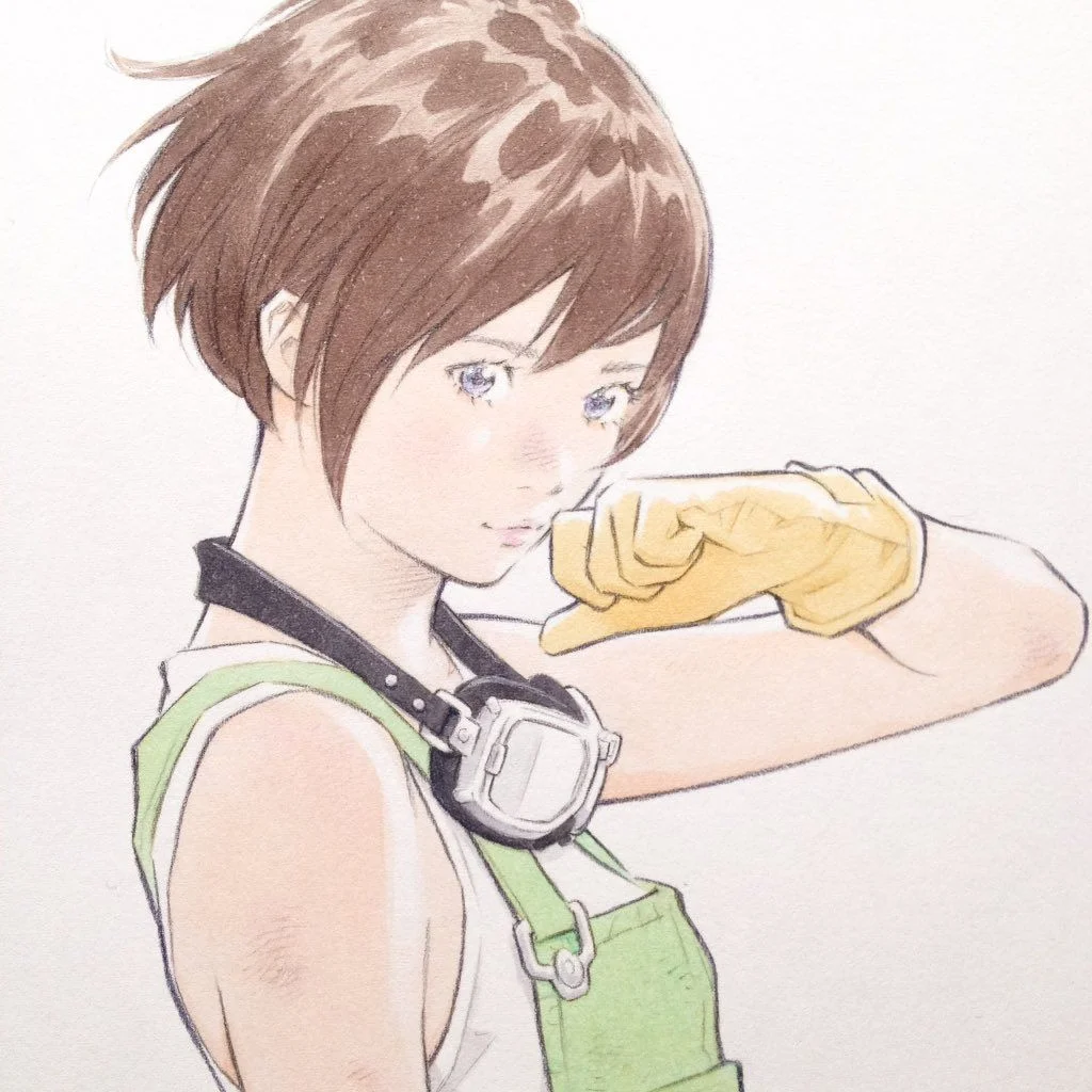 Tranh cô gái anime tóc ngắn cầm bánh ngọt