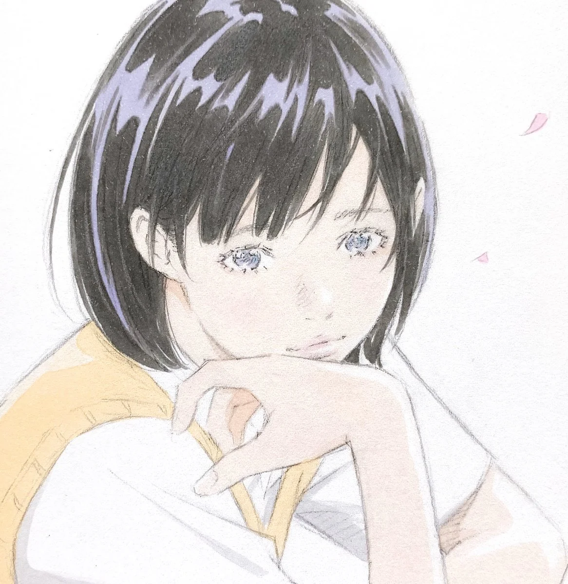 Tranh chân dung cô gái anime tóc bob đen, chống cằm