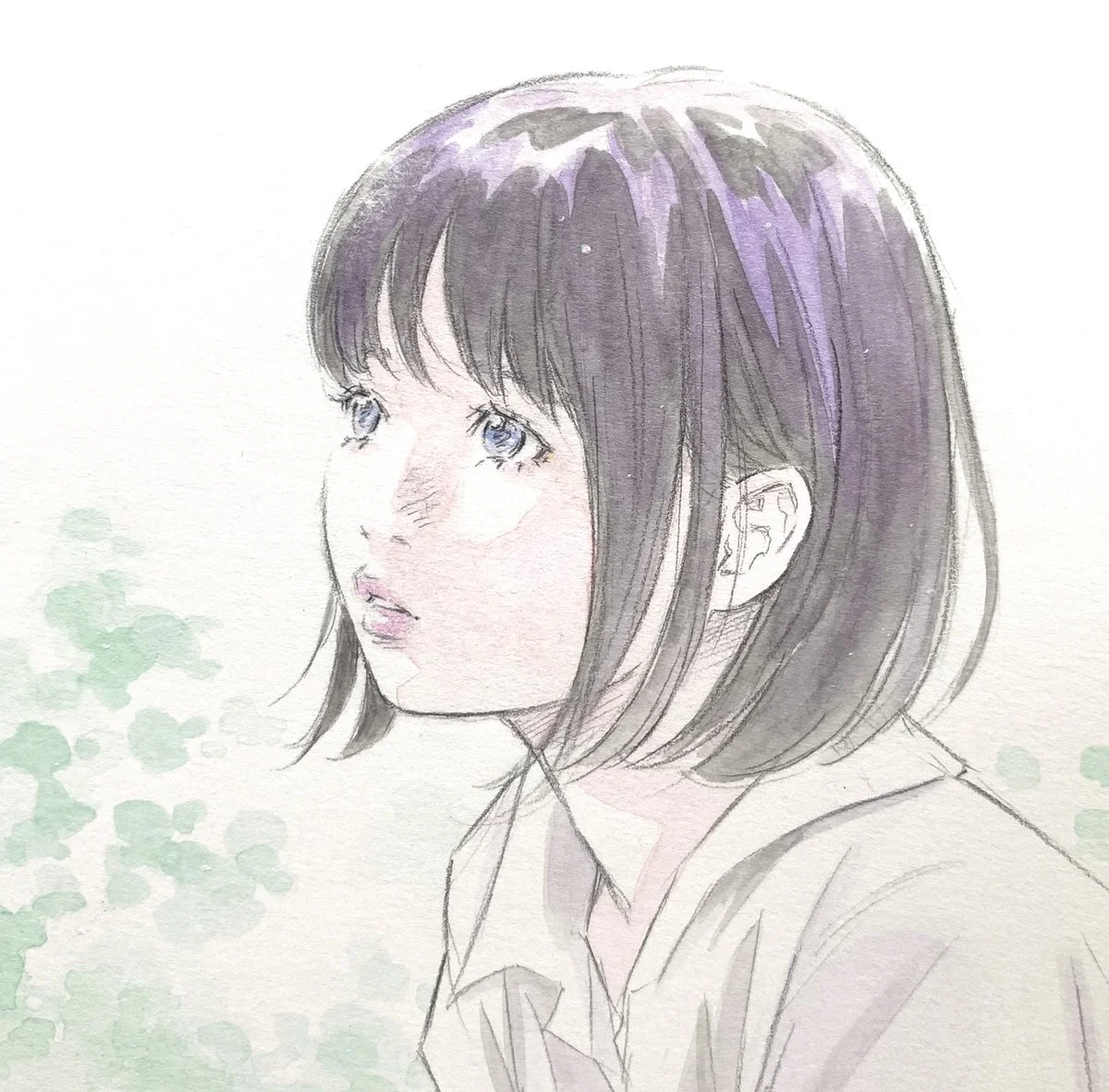 Tranh nghiêng chân dung cô gái anime tóc bob trên nền hoa xanh