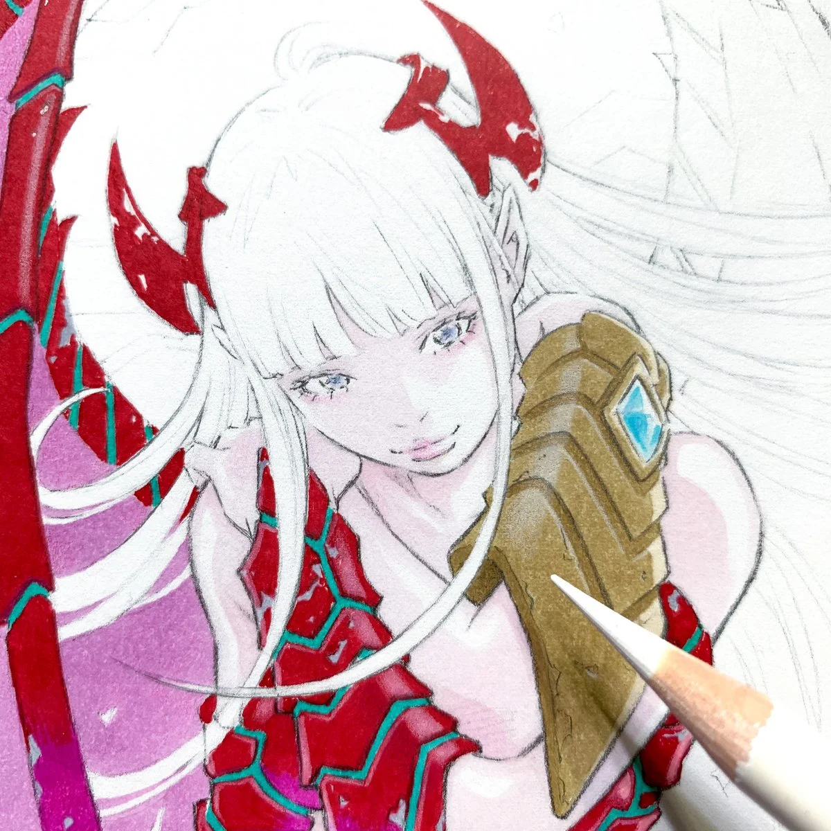 Tranh anime cô gái tóc trắng trong trang phục fantasy đỏ trắng, không phải avatar mèo cute