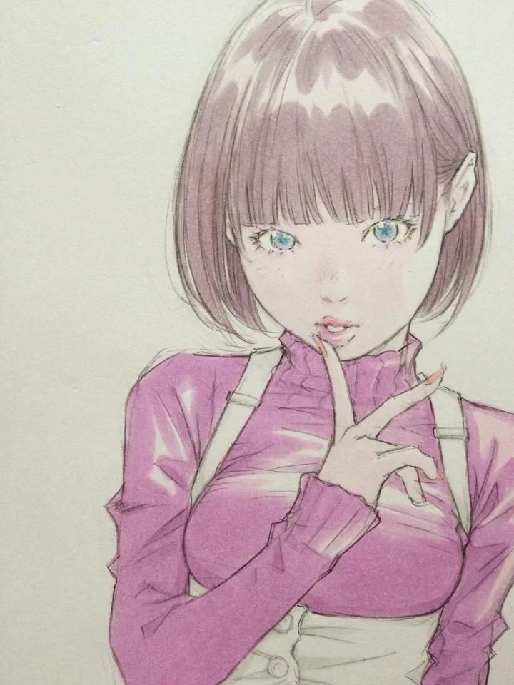 Tranh cô gái anime tóc bob màu nâu hồng mặc áo tím