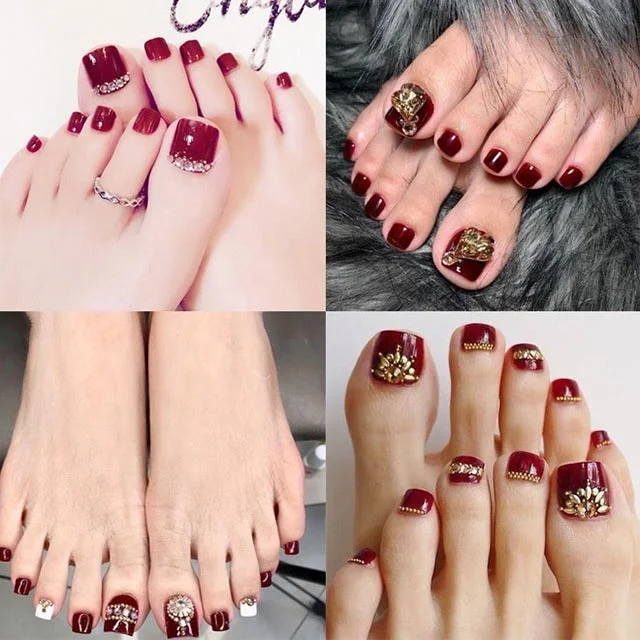 Mẫu nail chân đẹp màu đỏ mận đính đá sang trọng
