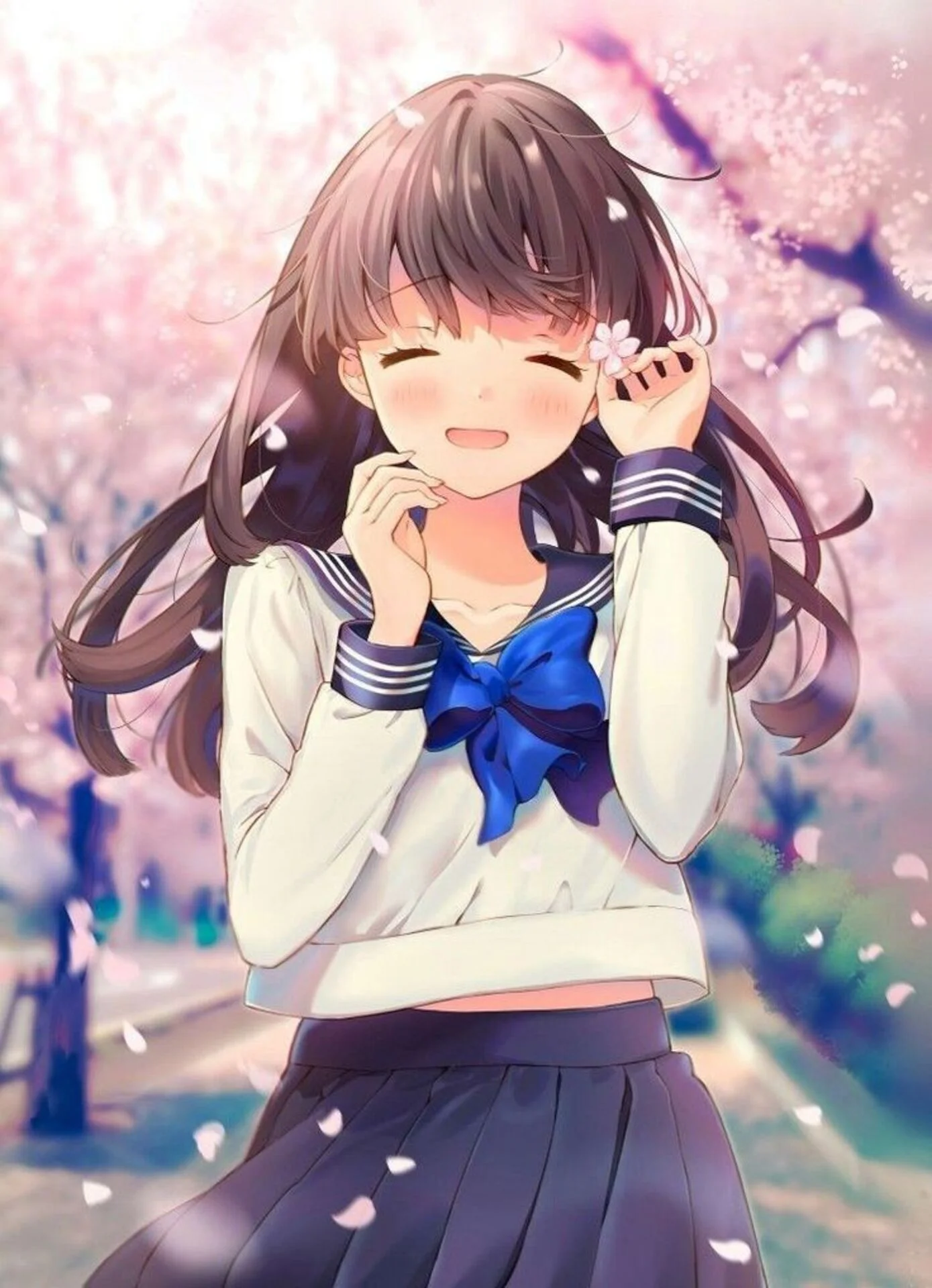Hình nhân vật anime cute nữ đang rất thích thú trong vườn hoa anh đào.