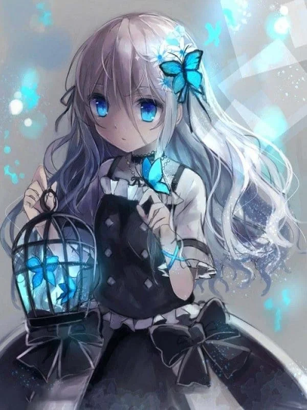Hình anime nữ cute đang chơi đùa với bướm.