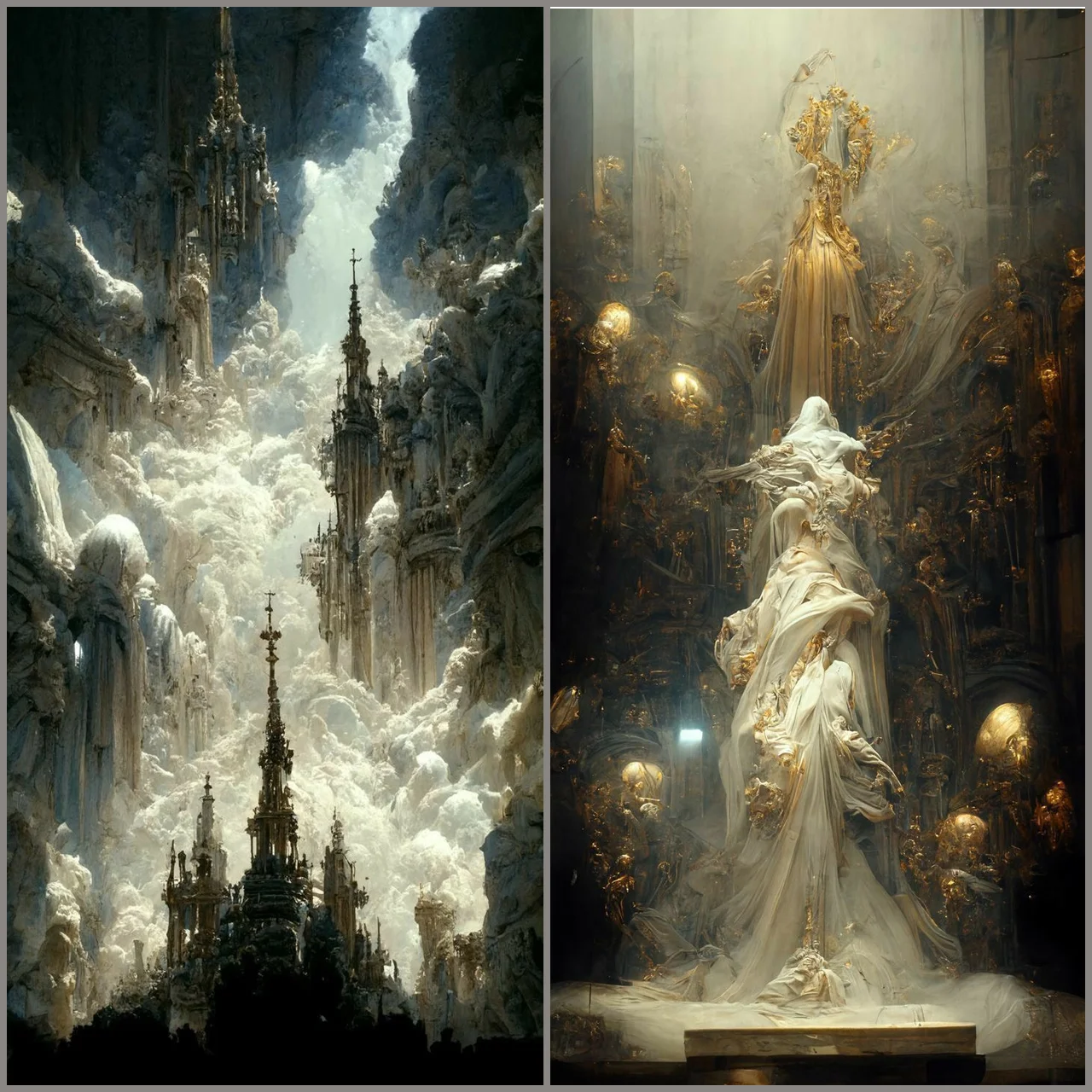 Cảnh fantasy hùng vĩ với lâu đài tuyết, tượng đá và ánh sáng huyền bí