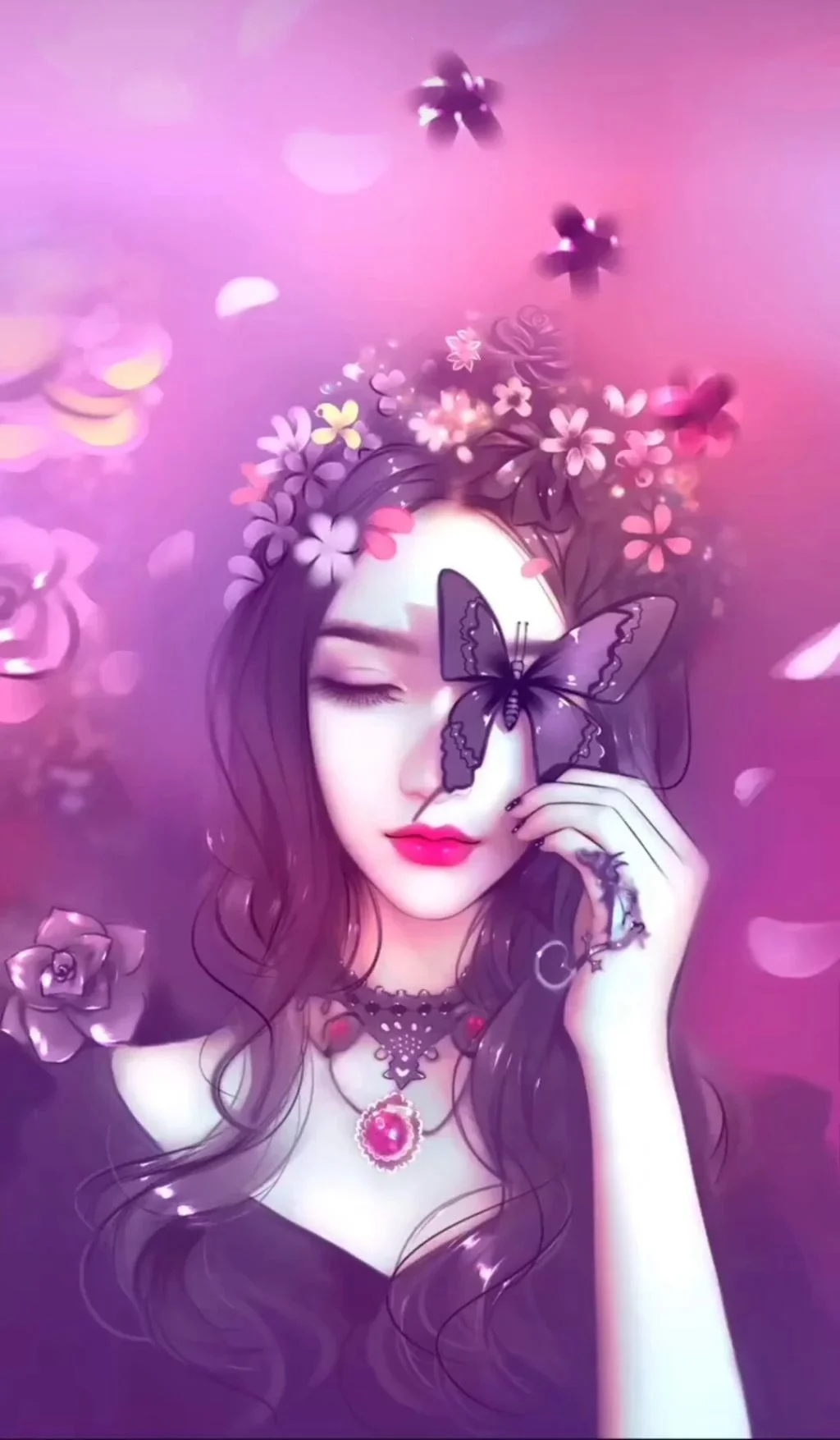 Cô gái fantasy giữa những bông hoa tím và cánh bướm trong hình ảnh 3D nghệ thuật