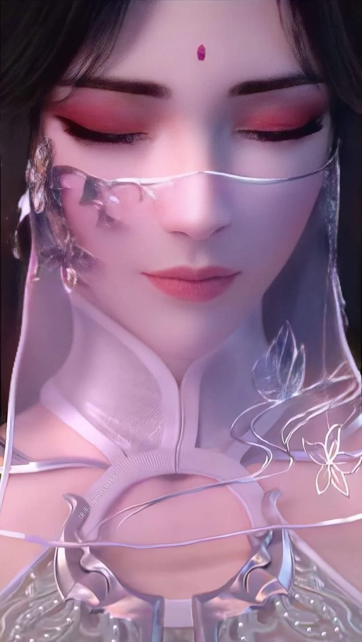 Chân dung cô gái fantasy với đôi mắt khép, trang sức pha lê và sắc tím mộng mơ