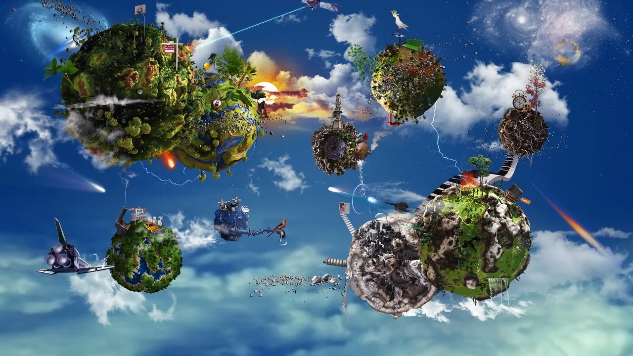 Các hòn đảo bay 3D thu nhỏ lơ lửng giữa bầu trời xanh và mây trắng