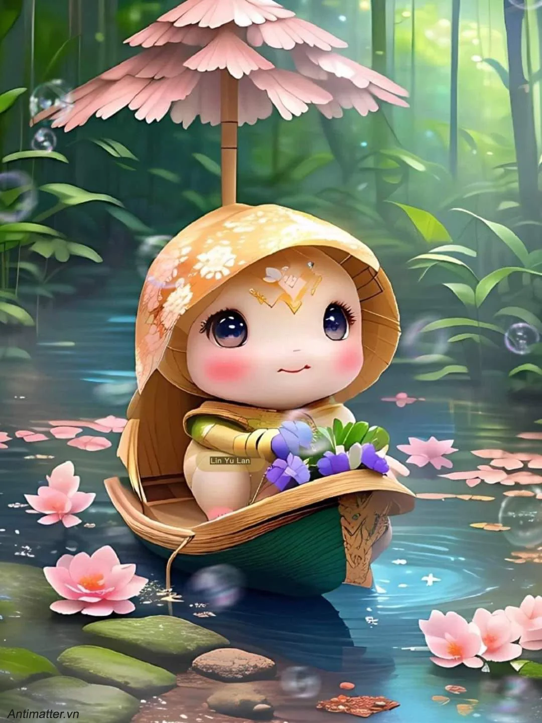 Nhân vật búp bê đội mũ nấm ngồi bên ao sen trong khu rừng xanh