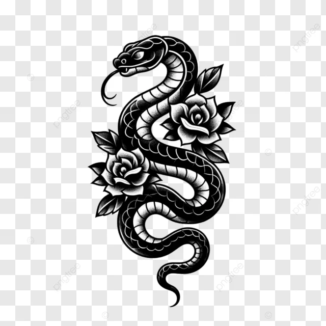 Hình xăm rắn truyền thống với hoa hồng, thiết kế flash tattoo đen trắng