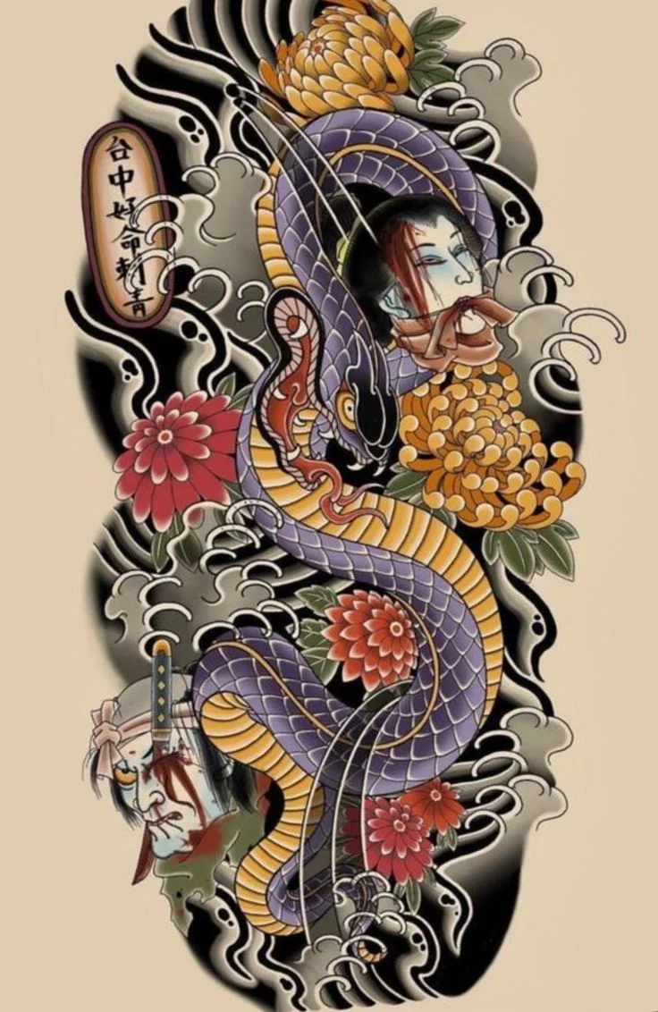 Rắn nhật cổ tattoo | Rắn full tay nhật cổ, Rắn full chân, Hình xăm nhật