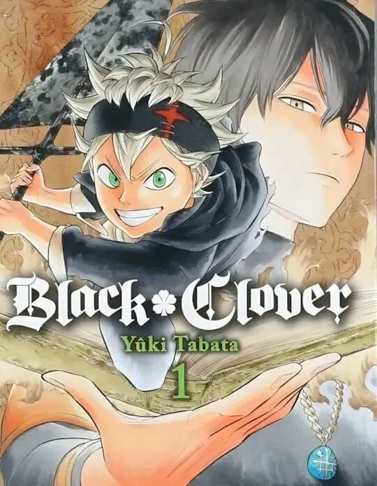 Bìa tập 1 bộ truyện tranh comic Black Clover với hình ảnh nhân vật Asta và Yuno
