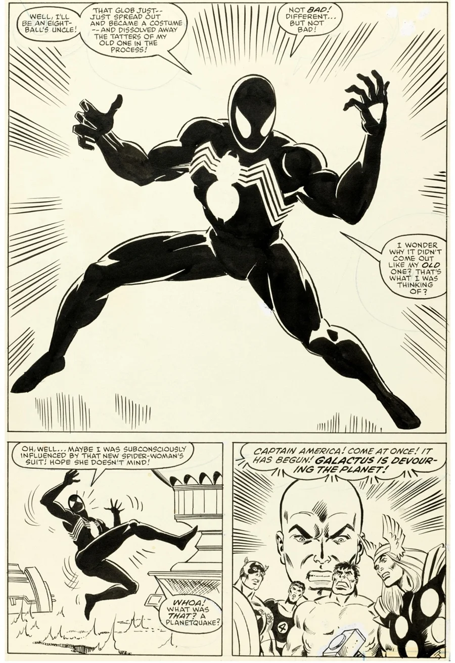 Trang truyện tranh comic với hình ảnh Spider-Man mặc bộ đồ đen Symbiote.