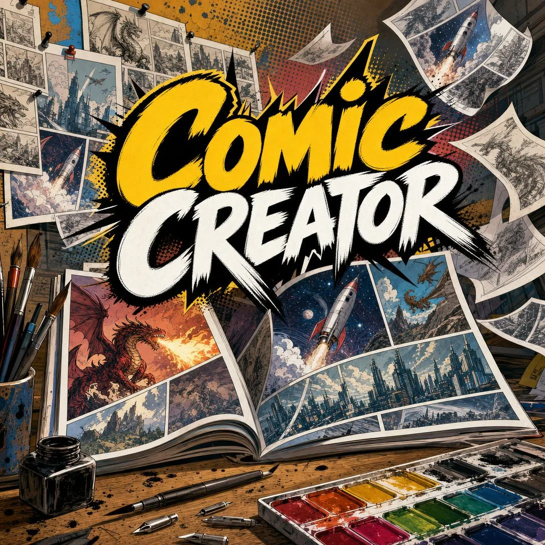 Bàn làm việc của họa sĩ với các trang truyện tranh comic đầy cảm hứng