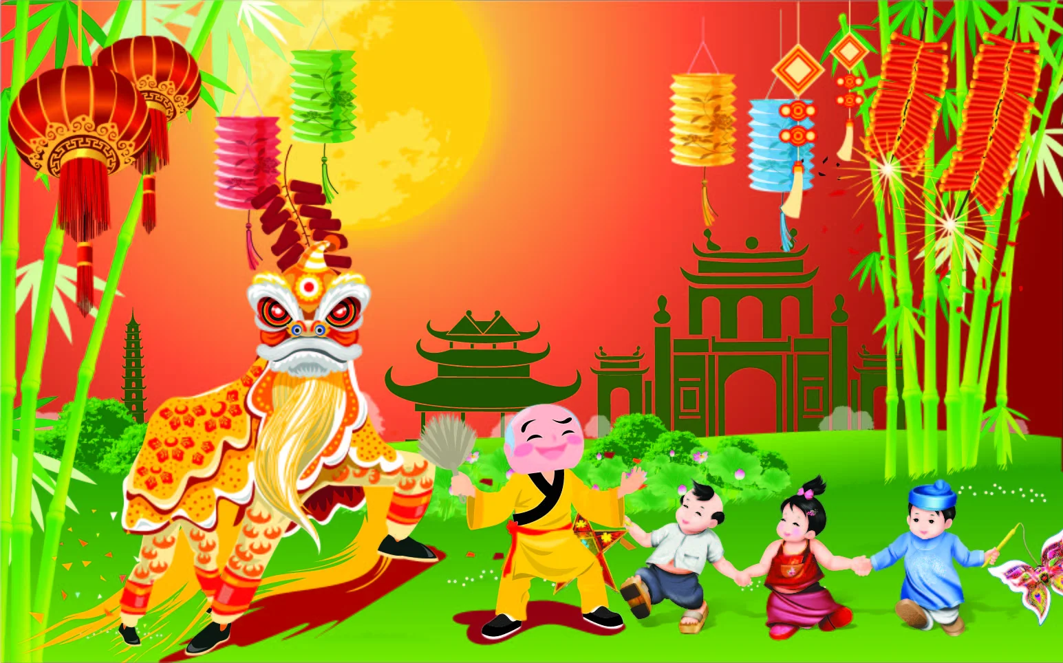 Tranh lễ hội Trung thu với múa lân, đèn lồng và trẻ em trong không gian nhiều màu sắc