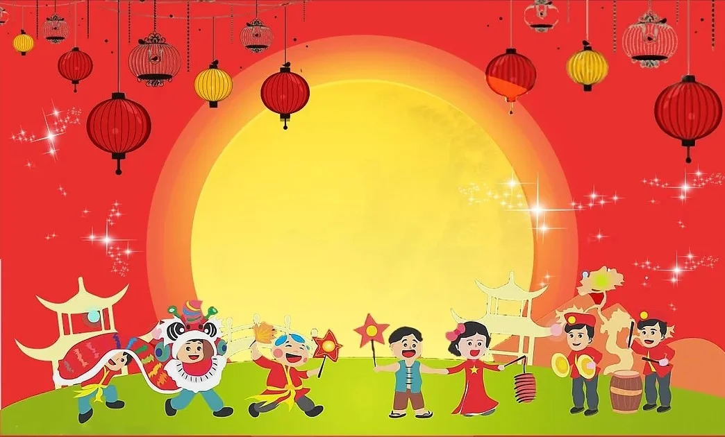 Tranh minh họa đoàn trẻ em rước đèn bên mâm cỗ dưới vầng trăng lớn