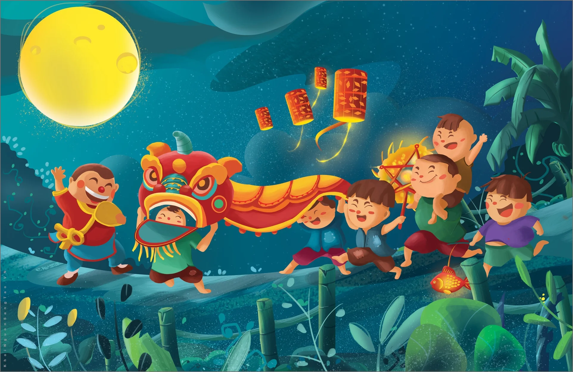 Tranh Tết Trung thu với đoàn múa lân và trẻ em rước đèn dưới ánh trăng