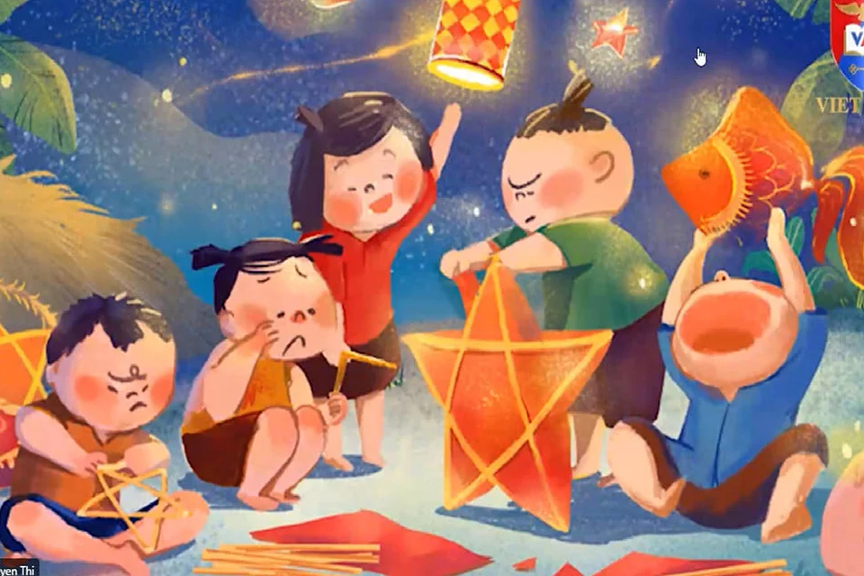 Tranh minh họa các em nhỏ vui chơi với đèn lồng và đầu lân trong đêm Trung thu