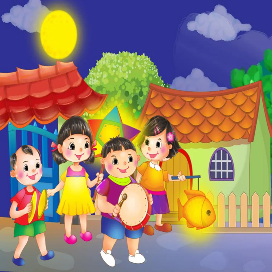 Tranh trẻ em rước đèn Trung thu trước ngôi nhà dưới ánh trăng