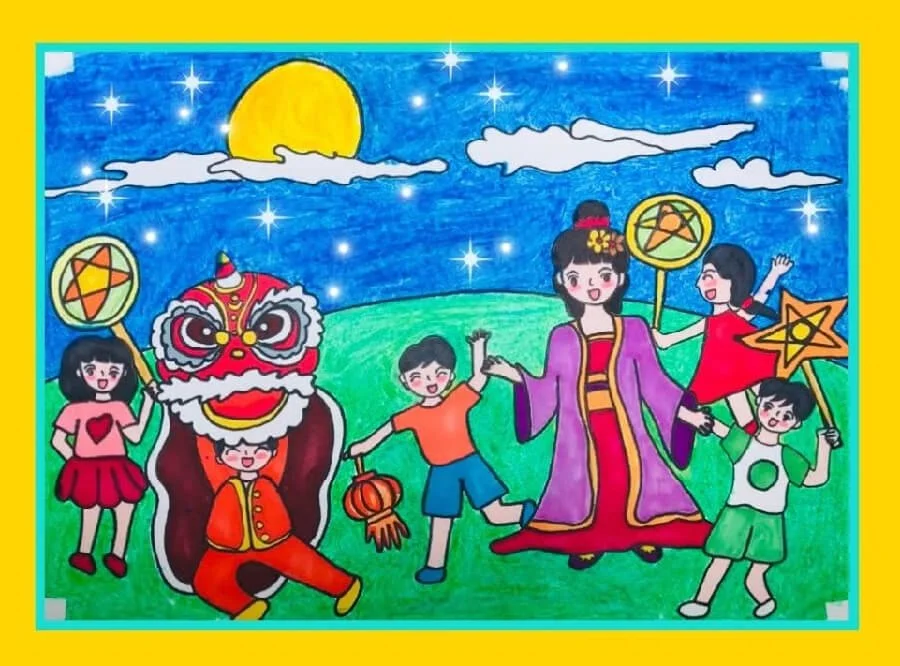 Tranh Trung Thu nhiều màu sắc với đoàn múa lân, trẻ em và đèn ông sao