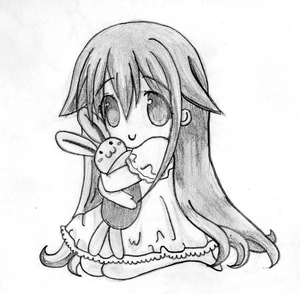 Tranh vẽ chì nhân vật anime cute ôm thú bông