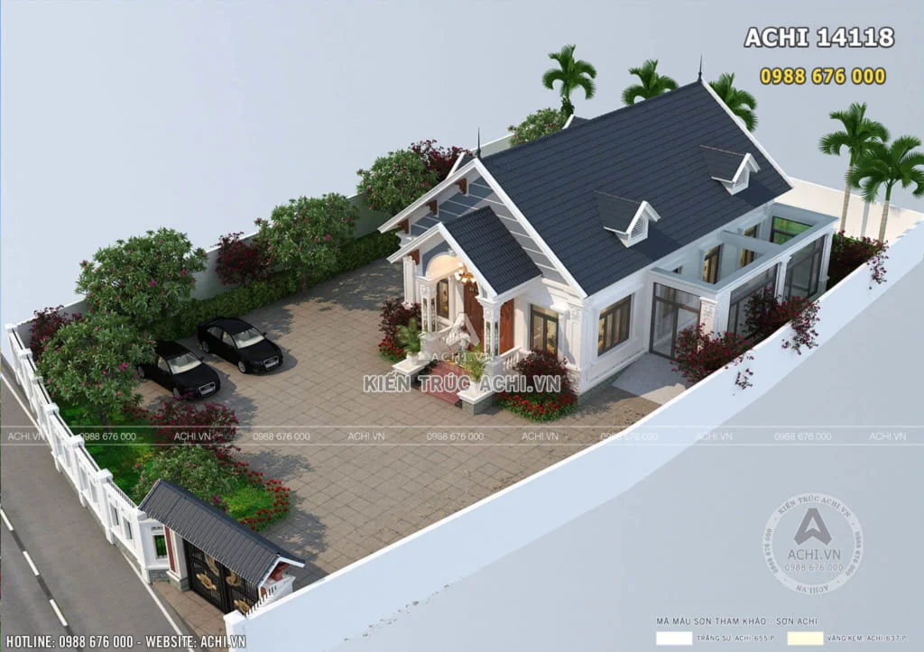 Phối cảnh 3D mẫu nhà cấp 4 đẹp mái thái hiện đại có sân vườn rộng