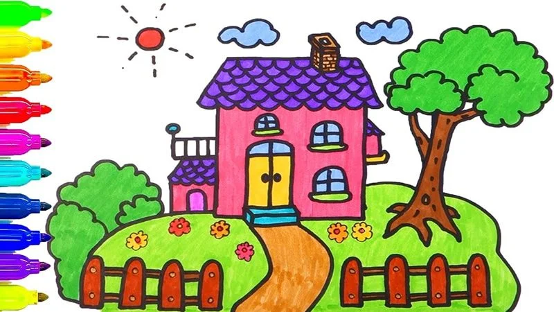 Dạy bé vẽ ngôi nhà cơ bản: 3 bước phác thảo, trang trí & tô màu