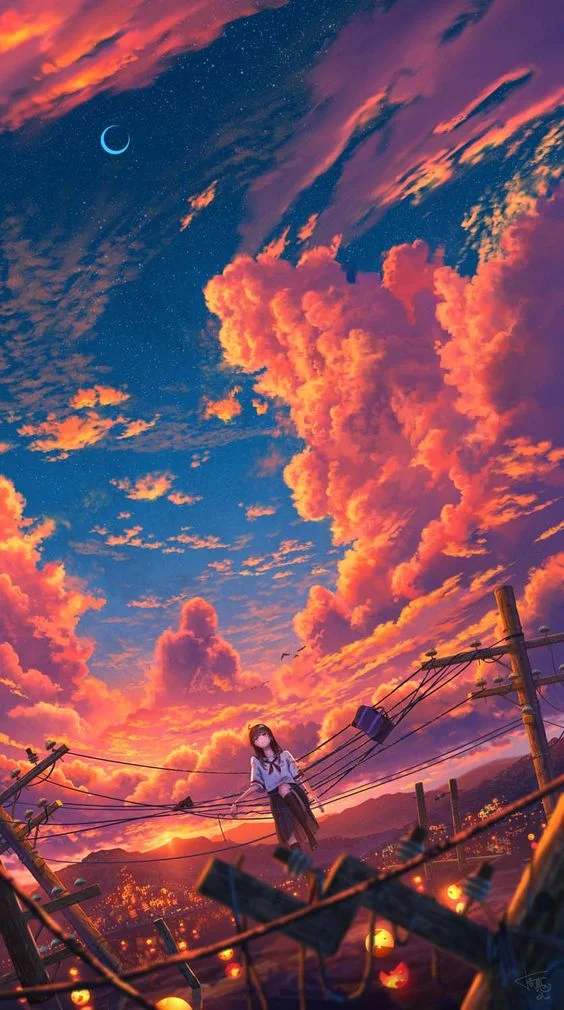 Hình nền phim hoạt hình anime kỳ ảo với khung cảnh bầu trời nhuộm sắc cam